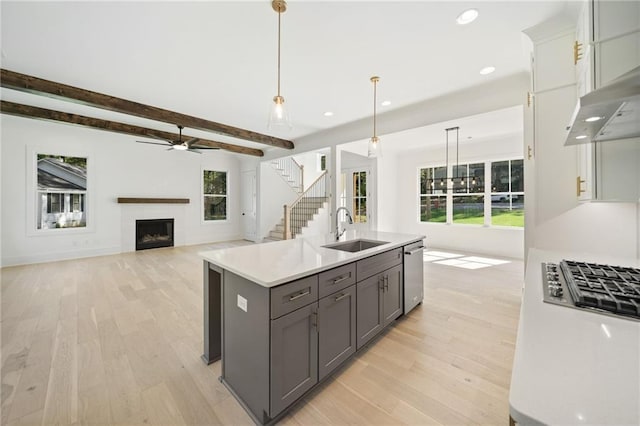 kitchen with sink, dishwasher, a kitchen island with sink, hanging light fixtures, and extractor fan