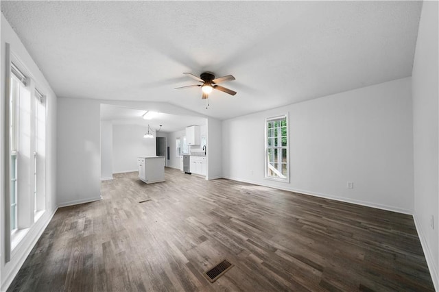 68 Wagon Trail Cir, Dallas, GA 30132 - unfurnished living room with a ceiling fan, wood finished floors, lofted ceiling, and a textured ceiling
