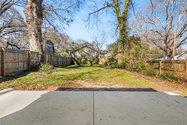 view of yard with a fenced backyard and a patio