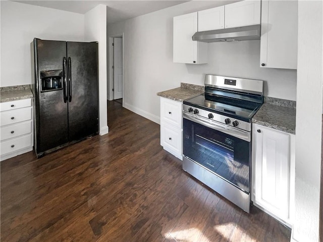 kitchen featuring dark wood-type flooring, stainless steel electric range oven, black refrigerator with ice dispenser, dark stone countertops, and white cabinets