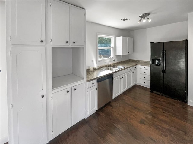 kitchen featuring black fridge with ice dispenser, sink, white cabinetry, stainless steel dishwasher, and dark hardwood / wood-style flooring