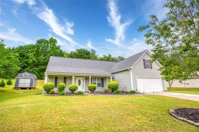 view of front of property with concrete driveway, a storage unit, covered porch, an attached garage, and a front lawn