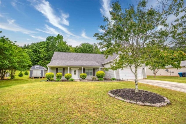 ranch-style home with driveway, a front yard, a shed, and a garage
