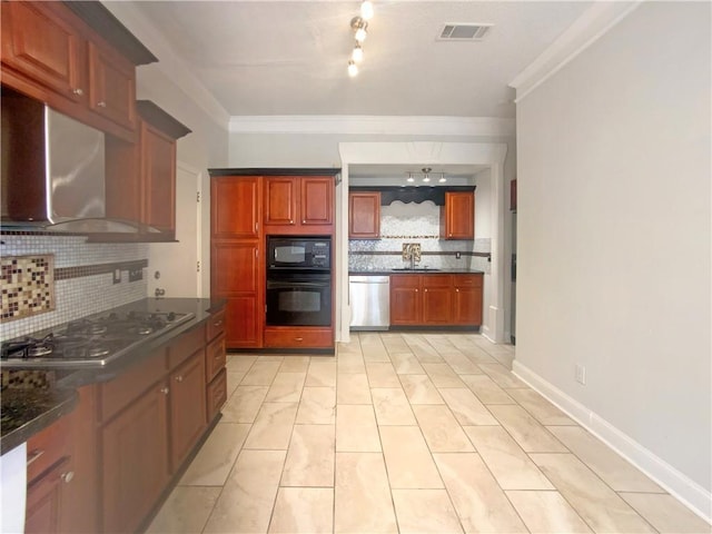 kitchen featuring crown molding, wall chimney exhaust hood, sink, and black appliances