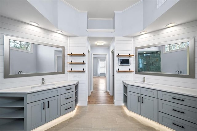 bathroom with walk in shower, ornamental molding, vanity, and plenty of natural light