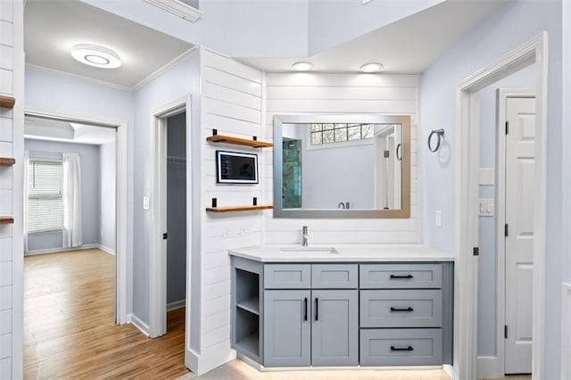 bathroom with vanity, wood-type flooring, and ornamental molding