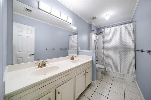 full bathroom featuring tile patterned flooring, vanity, crown molding, and toilet