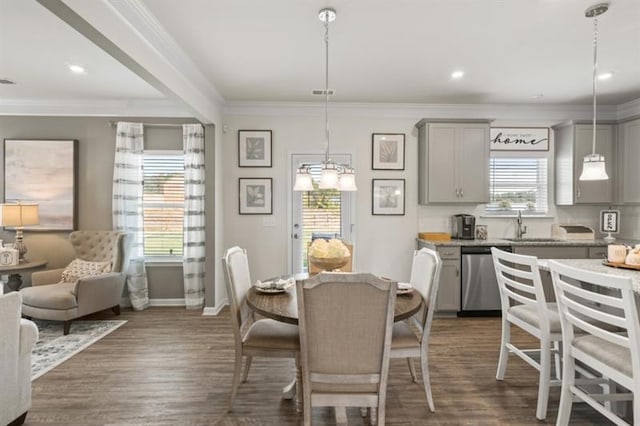 383 Morgan Rd, Carrollton, GA 30116 - dining area featuring plenty of natural light, dark wood-style floors, baseboards, crown molding, and recessed lighting