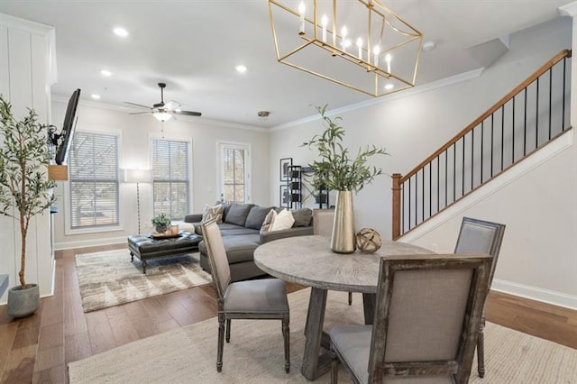 124 Everley Walk, Alpharetta, GA 30009 - dining room with baseboards, recessed lighting, wood finished floors, stairs, and ceiling fan