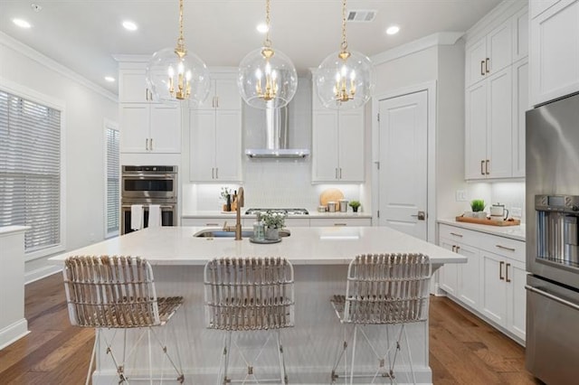 124 Everley Walk, Alpharetta, GA 30009 - kitchen featuring stainless steel appliances, crown molding, light countertops, dark wood-style flooring, and tasteful backsplash