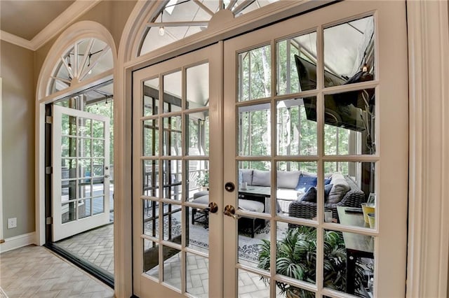 1595 Northcliff Trce, Roswell, GA 30076 - doorway with french doors, ornamental molding, and baseboards