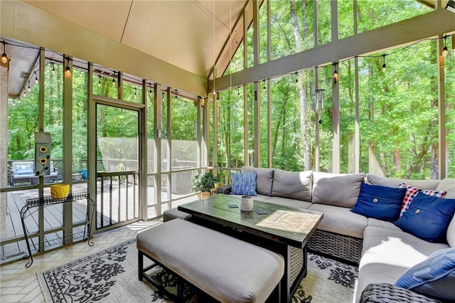 1595 Northcliff Trce, Roswell, GA 30076 - sunroom / solarium with an outdoor living space, vaulted ceiling, and a wooded view