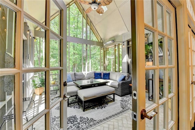 1595 Northcliff Trce, Roswell, GA 30076 - sunroom with an outdoor living space, plenty of natural light, ceiling fan, and lofted ceiling
