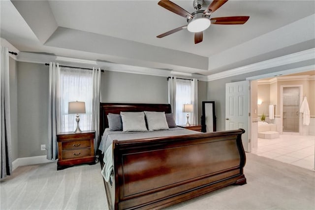 1595 Northcliff Trce, Roswell, GA 30076 - carpeted bedroom with a raised ceiling, multiple windows, ensuite bathroom, and a ceiling fan