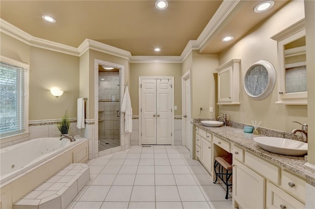 1595 Northcliff Trce, Roswell, GA 30076 - bathroom featuring a whirlpool tub, ornamental molding, recessed lighting, a shower stall, and tile patterned flooring