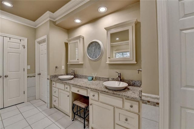 1595 Northcliff Trce, Roswell, GA 30076 - full bath with ornamental molding, tile patterned floors, recessed lighting, double vanity, and a wainscoted wall