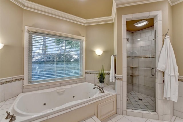 1595 Northcliff Trce, Roswell, GA 30076 - bathroom with crown molding, a whirlpool tub, a stall shower, and tile patterned floors
