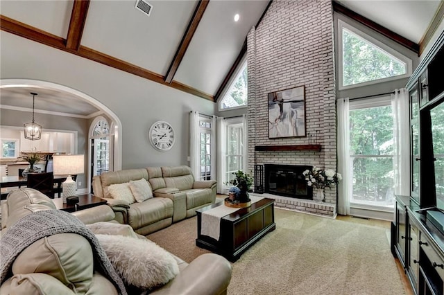 1595 Northcliff Trce, Roswell, GA 30076 - living room featuring high vaulted ceiling, arched walkways, a chandelier, beam ceiling, and a brick fireplace