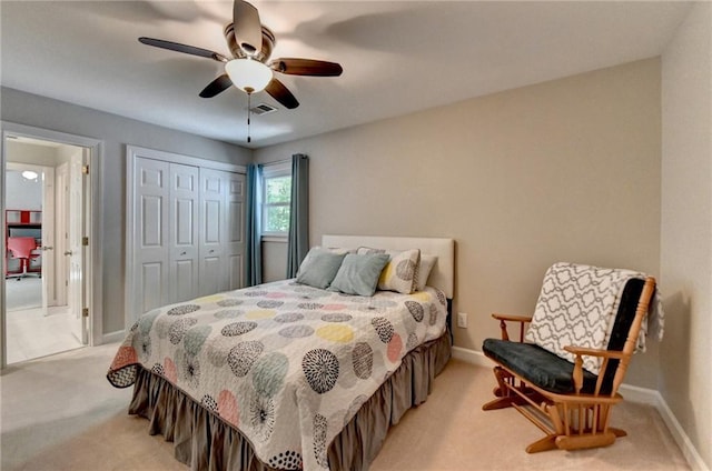 1595 Northcliff Trce, Roswell, GA 30076 - bedroom featuring light carpet, a closet, baseboards, and a ceiling fan