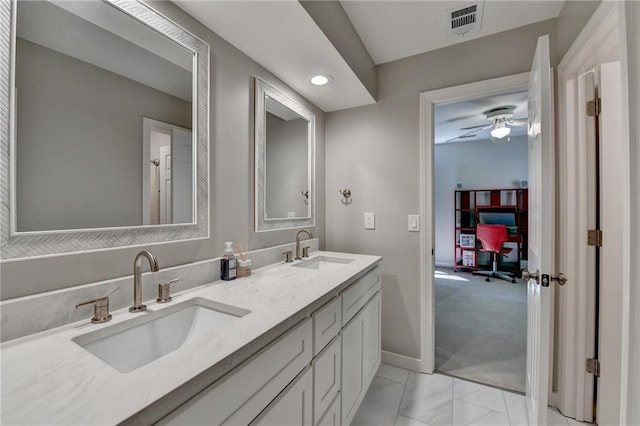 1595 Northcliff Trce, Roswell, GA 30076 - bathroom featuring baseboards, double vanity, a ceiling fan, and marble finish floors