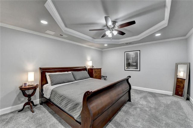 1595 Northcliff Trce, Roswell, GA 30076 - carpeted bedroom featuring a tray ceiling, crown molding, recessed lighting, baseboards, and a ceiling fan