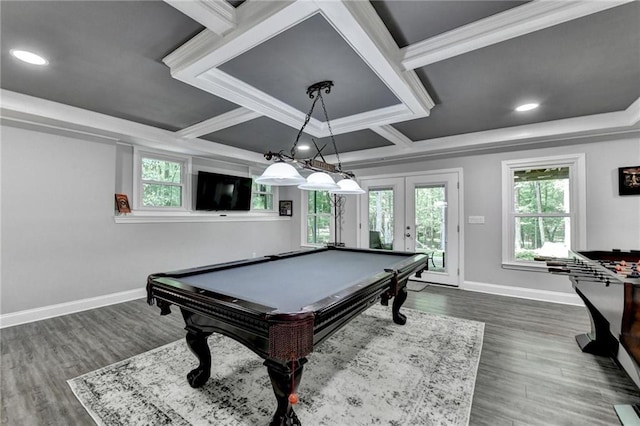 1595 Northcliff Trce, Roswell, GA 30076 - playroom with billiards, baseboards, coffered ceiling, wood finished floors, and crown molding
