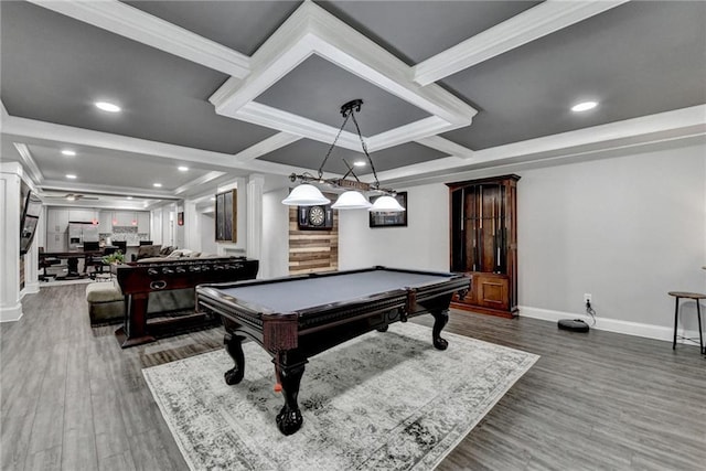 1595 Northcliff Trce, Roswell, GA 30076 - rec room featuring billiards table, baseboards, coffered ceiling, wood finished floors, and crown molding