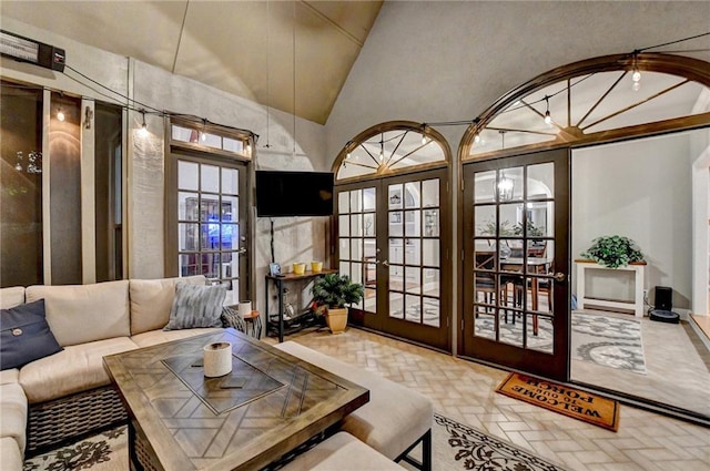 1595 Northcliff Trce, Roswell, GA 30076 - living area with vaulted ceiling and french doors