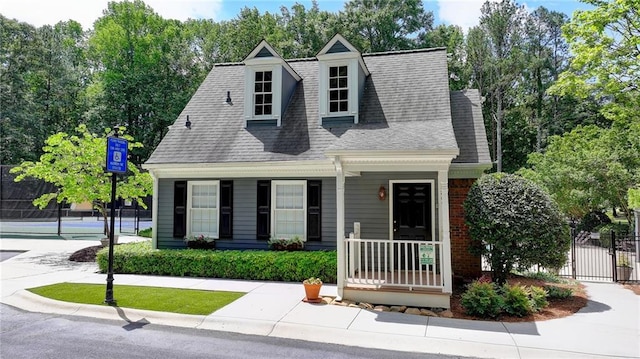 1595 Northcliff Trce, Roswell, GA 30076 - cape cod-style house featuring a gate, fence, roof with shingles, and covered porch