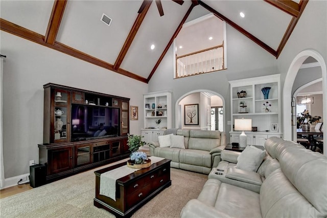 1595 Northcliff Trce, Roswell, GA 30076 - living room featuring arched walkways, high vaulted ceiling, beam ceiling, recessed lighting, and a ceiling fan