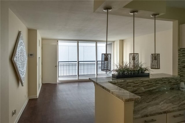 kitchen featuring pendant lighting, backsplash, dark wood-type flooring, and floor to ceiling windows