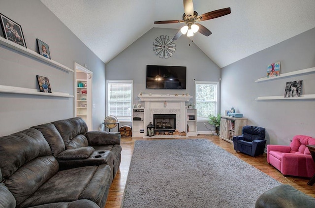 20 Friendship Rd, Euharlee, GA 30145 - living room with a ceiling fan, a premium fireplace, wood finished floors, and high vaulted ceiling