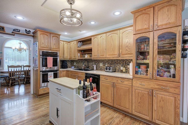 20 Friendship Rd, Euharlee, GA 30145 - kitchen with a chandelier, double oven, open shelves, ornamental molding, and light countertops
