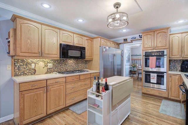 20 Friendship Rd, Euharlee, GA 30145 - kitchen with appliances with stainless steel finishes, light countertops, light wood finished floors, ornamental molding, and tasteful backsplash