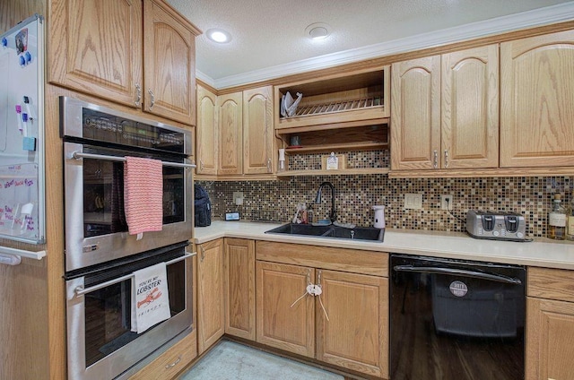 20 Friendship Rd, Euharlee, GA 30145 - kitchen featuring dishwasher, double oven, open shelves, decorative backsplash, and ornamental molding
