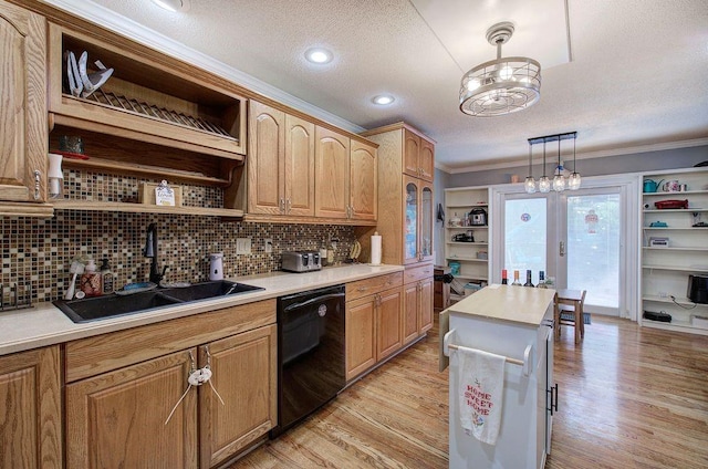 20 Friendship Rd, Euharlee, GA 30145 - kitchen featuring open shelves, black dishwasher, light wood-type flooring, a textured ceiling, and ornamental molding