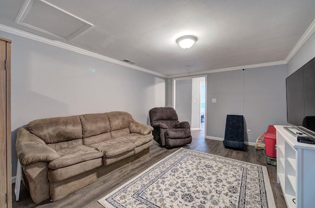 20 Friendship Rd, Euharlee, GA 30145 - living room with dark wood-type flooring, ornamental molding, and attic access