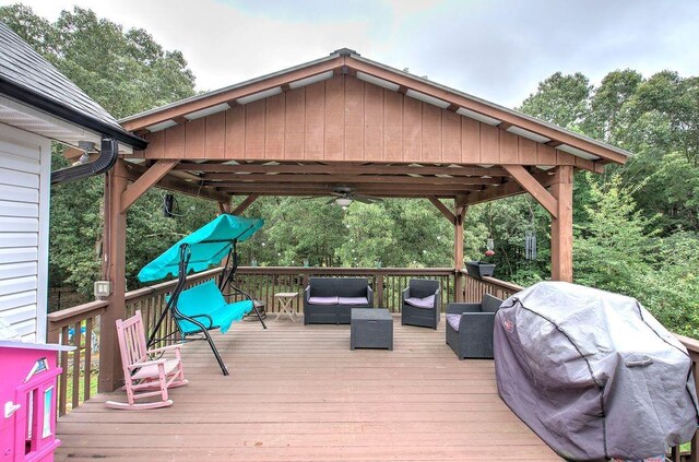 20 Friendship Rd, Euharlee, GA 30145 - deck featuring a gazebo, ceiling fan, an outdoor hangout area, and area for grilling