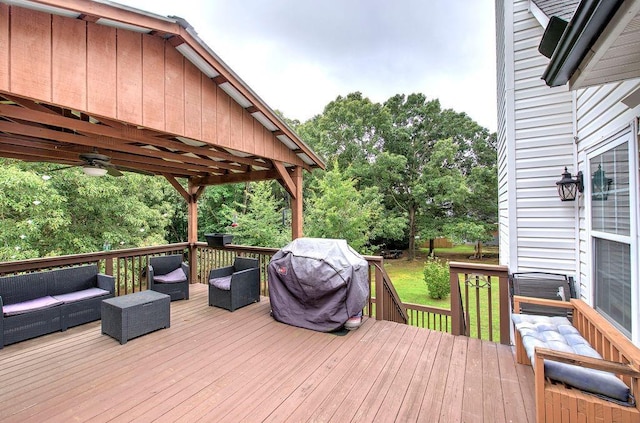 20 Friendship Rd, Euharlee, GA 30145 - wooden deck featuring an outdoor hangout area, grilling area, and ceiling fan