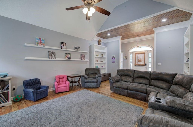20 Friendship Rd, Euharlee, GA 30145 - living area with ceiling fan, crown molding, wood finished floors, vaulted ceiling, and recessed lighting
