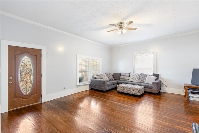 1087 Longley Ave NW, Atlanta, GA 30318 - living area with crown molding, a textured ceiling, a ceiling fan, baseboards, and hardwood / wood-style flooring