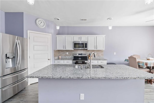 kitchen with sink, appliances with stainless steel finishes, white cabinetry, an island with sink, and decorative backsplash