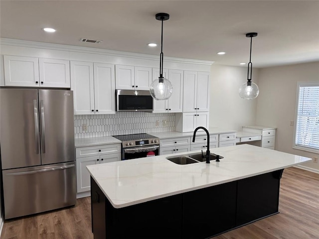 kitchen featuring stainless steel appliances, sink, and a kitchen island with sink