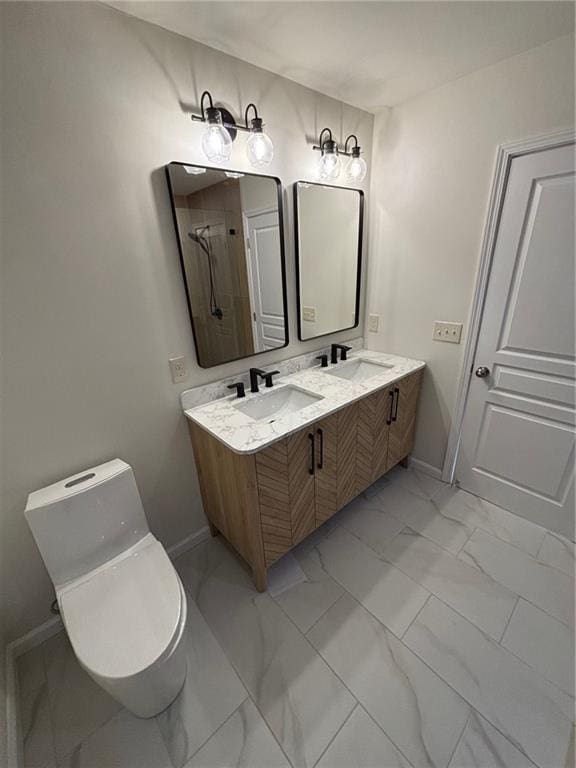 bathroom with walk in shower, vanity, and toilet