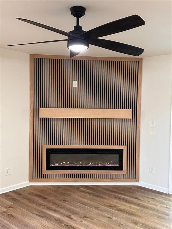 details with hardwood / wood-style flooring and ceiling fan