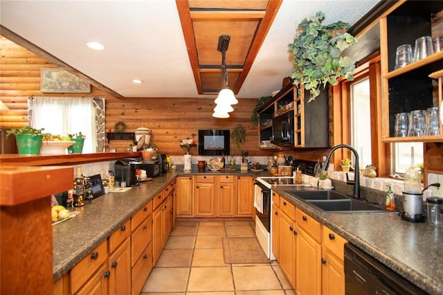 kitchen with rustic walls, electric range oven, dishwasher, dark countertops, and a sink