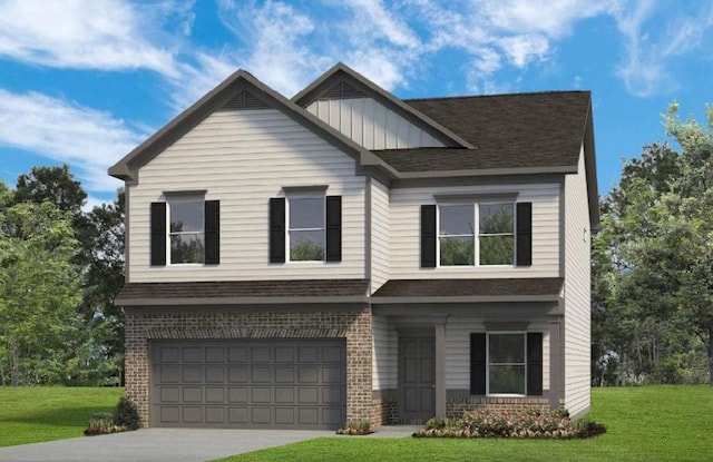 craftsman-style home with board and batten siding, concrete driveway, a front yard, a garage, and brick siding