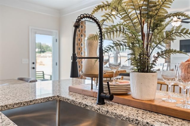 details with light stone counters, ornamental molding, and a sink