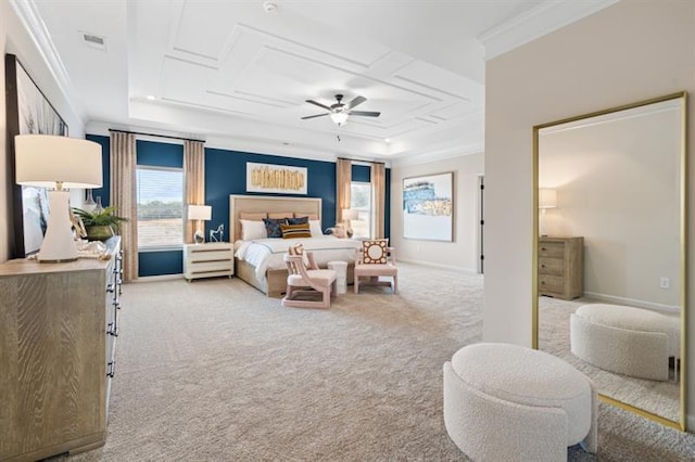 bedroom with baseboards, visible vents, a tray ceiling, ornamental molding, and light colored carpet