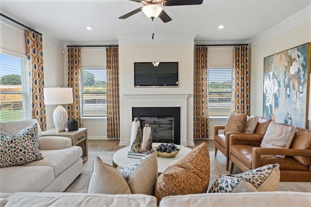 living room featuring plenty of natural light, wood finished floors, a glass covered fireplace, and ornamental molding